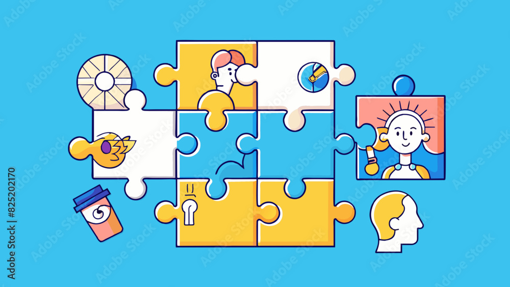 Poster A puzzle with missing pieces some of them fitting together perfectly while others do not representing the fragmented and unfinished nature of thoughts. Cartoon Vector.
