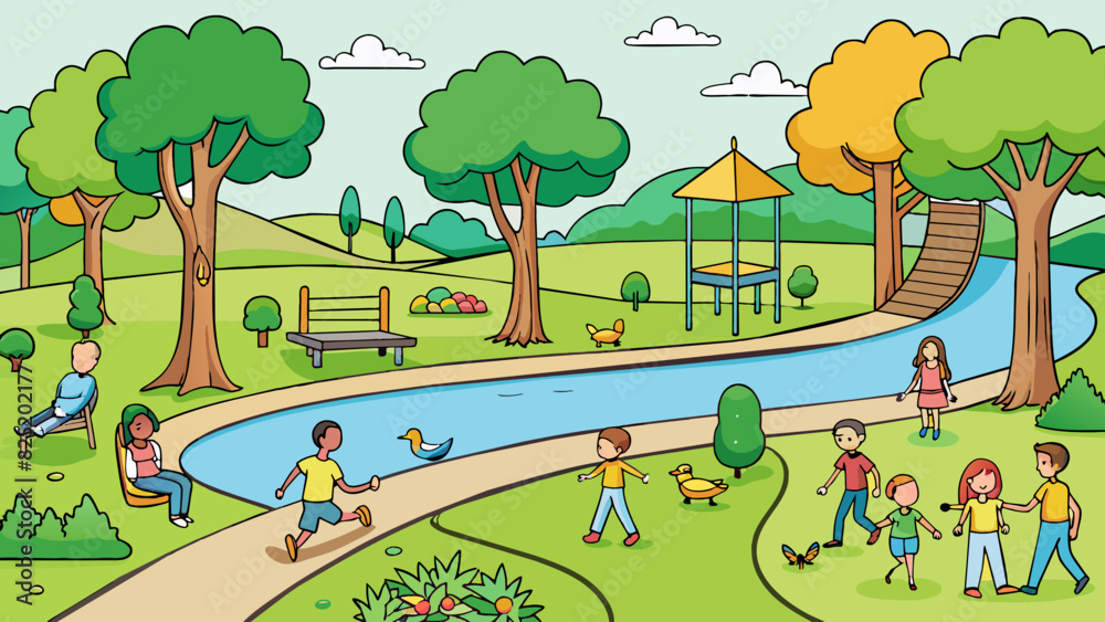 Poster a public park with lush green grass and towering trees tered throughout. children play on a playgrou