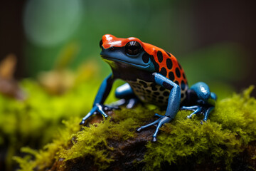 brightly colored frog sitting on a mossy rock in the forest - Powered by Adobe