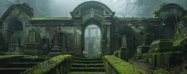 Obraz premium Abandoned crypt with mossy gravestones surrounding the entrance, faint mist rising from the stone steps