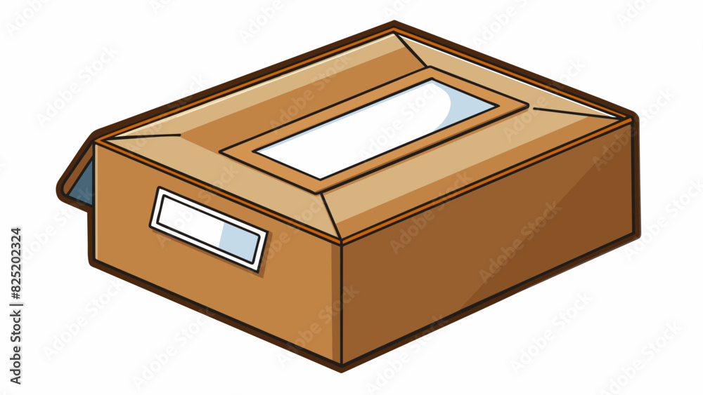 Poster A rectangular box made of cardboard with a lid that flips open. The color of the box is brown with white labeling on the front. It is lightweight and. Cartoon Vector.