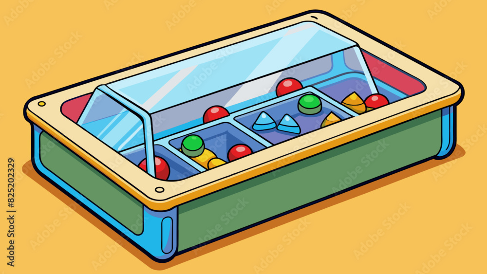 Poster A rectangular box made of hard clear plastic with a hinged lid. Inside it is filled with small colorful objects that make a satisfying clicking noise. Cartoon Vector.