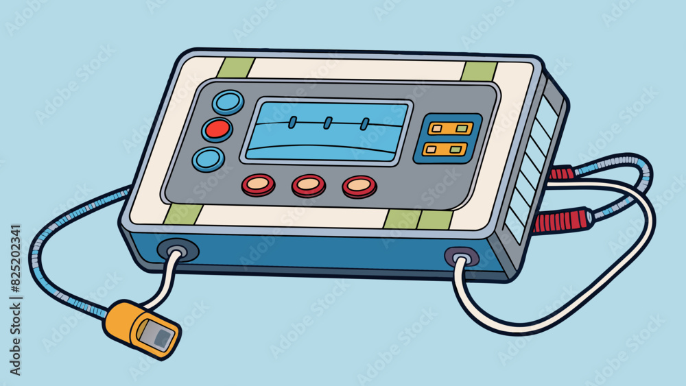 Poster A rectangular metal device with a screen buttons and various wires attached. It can perform various functions such as calling messaging and accessing. Cartoon Vector.