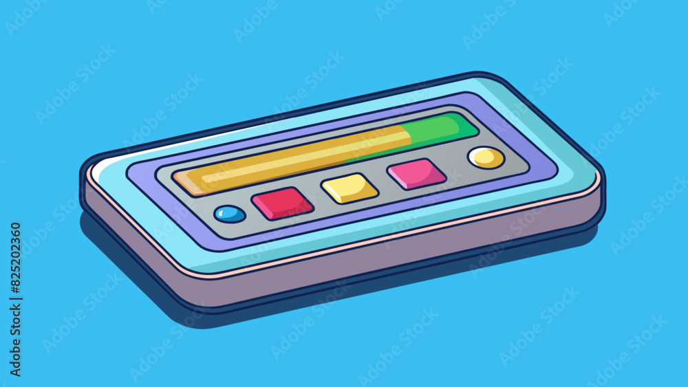 Aufkleber A rectangularshaped device with a screen and buttons all lit up in various colors. The object emits a soft humming sound and has a sleek modern. Cartoon Vector.