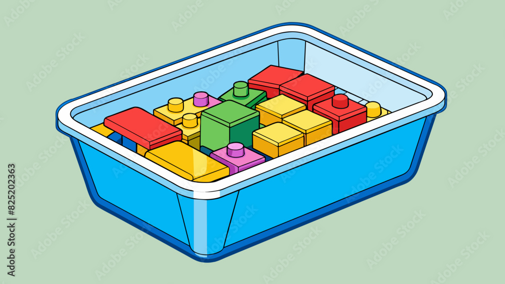 Poster A rectangular plastic box with a snaplock lid filled with colorful building blocks of various shapes and sizes.. Cartoon Vector.