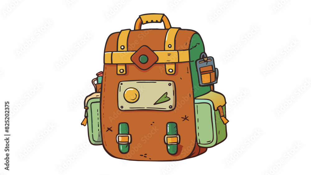 Poster A rather bulky and worn backpack filled with pockets and zippers showing signs of welltraveled adventures through its faded patches and stickers.. Cartoon Vector.