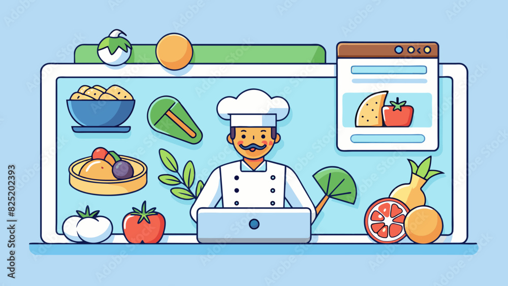 Poster A recipe website with a userfriendly layout featuring colorful photos of different dishes and an easytonavigate dropdown menu for different categories. Cartoon Vector.