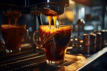 Pouring freshly brewed coffee from machine in restaurant setting with blurred background