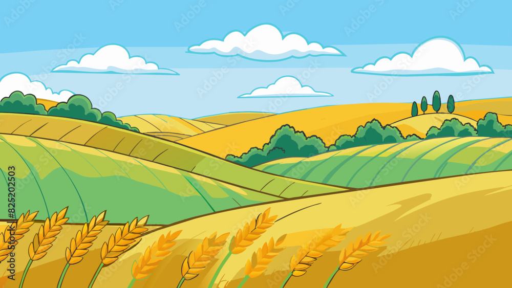 Aufkleber A region known for its rolling hills and sprawling farmlands with golden fields of wheat swaying in the gentle breeze.. Cartoon Vector.