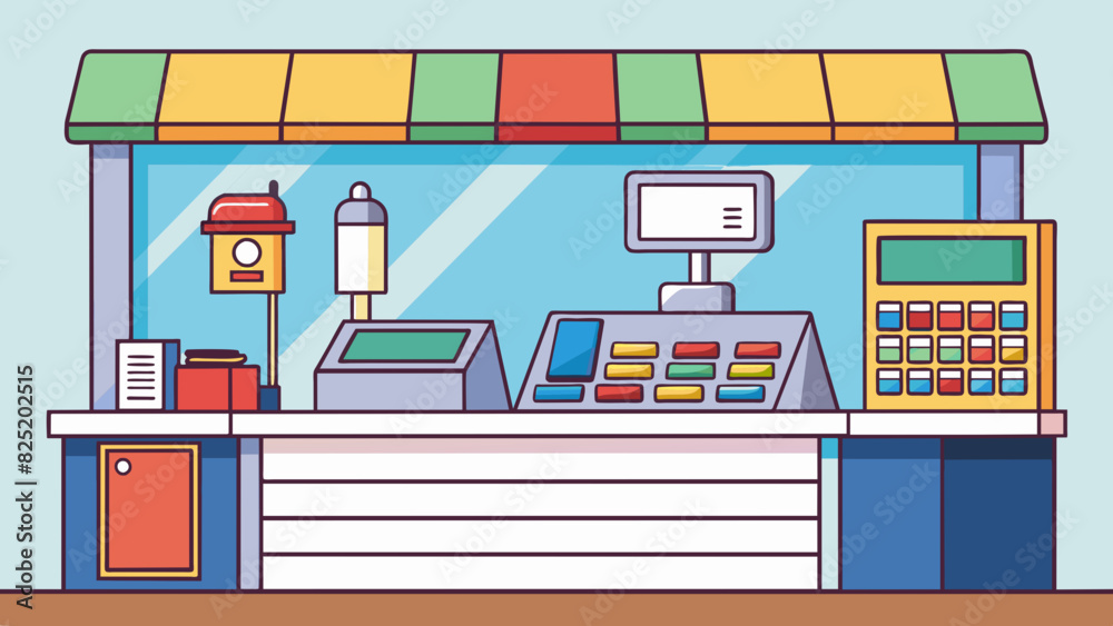 Poster a retail store counter The sleek and modern counter is the focal point of the store showcasing various products on display shelves behind it. A cash. Cartoon Vector.