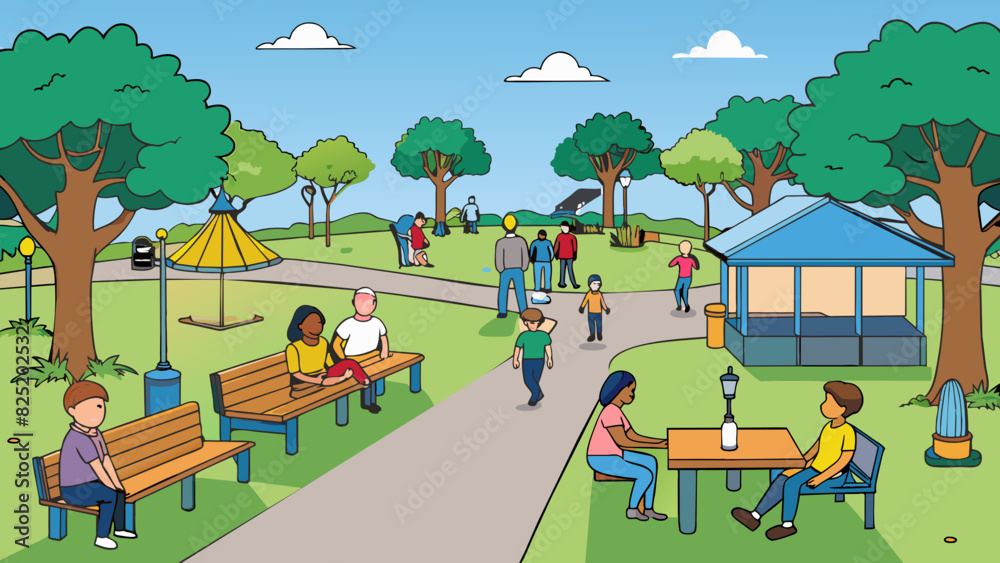 Poster A renovated park with improved lighting making it safer for evening strolls. The addition of new benches and picnic tables create a more inviting and. Cartoon Vector.