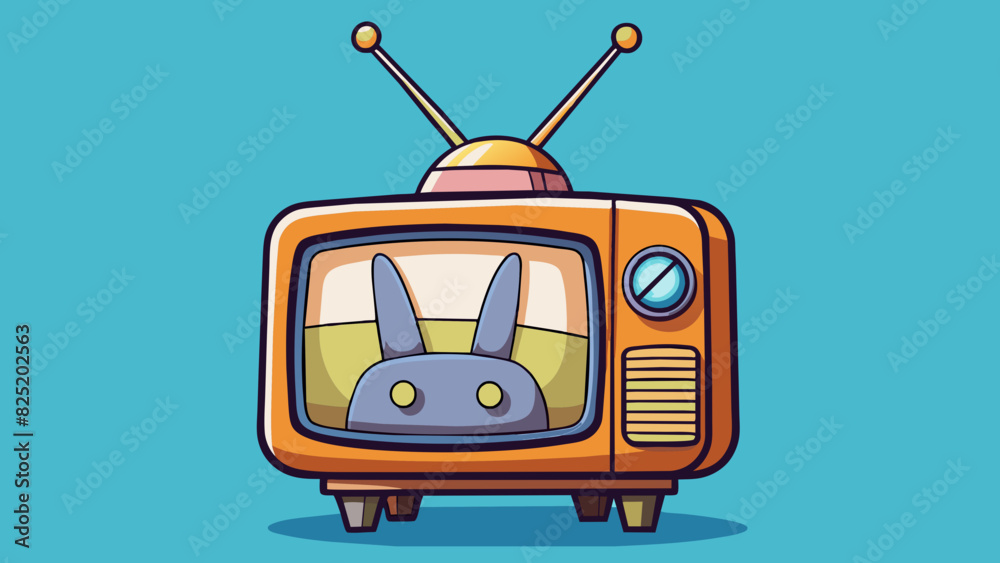 Poster A retro television set with a bulky body and rabbit ear antennas featuring a rotary dial for changing channels and a large warm glowing screen.. Cartoon Vector.