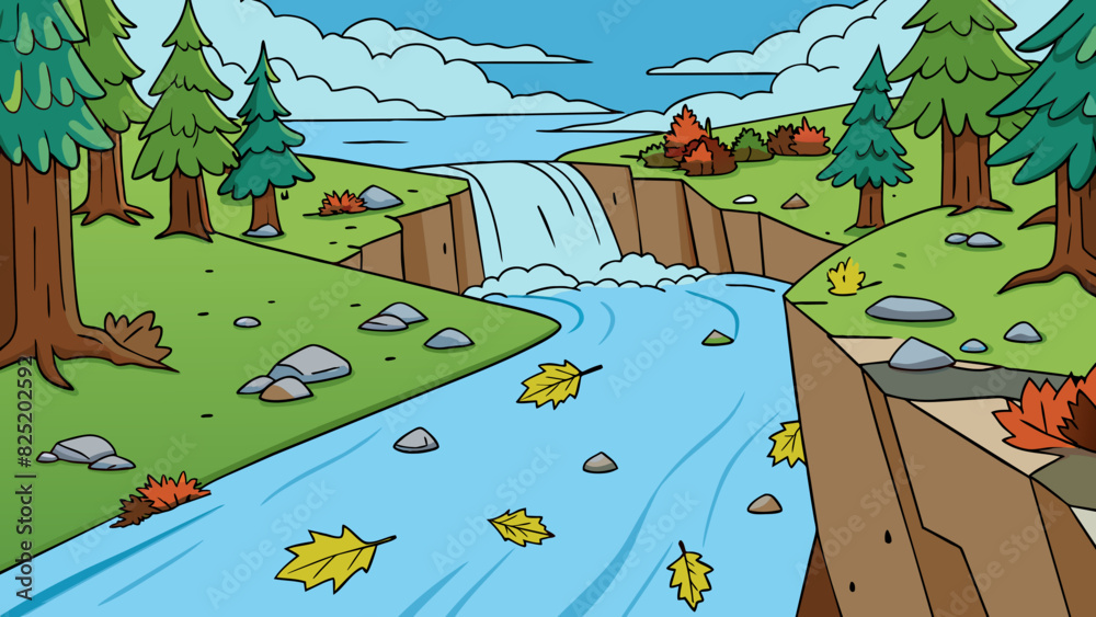 Poster A river rushing through a forest carrying fallen leaves and twigs with it cascading down rocks and over waterfalls.. Cartoon Vector.