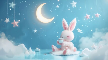 Obraz premium Cute bunny drinking tea under the moon and stars for a relaxing or night themed design