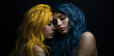 two women with blue and yellow hair are embracing each other