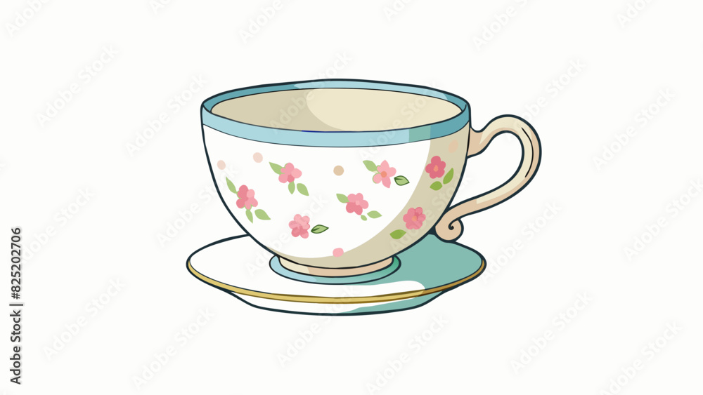 Poster A round porcelain teacup with a delicate floral pattern painted on the side. It has a curved handle and a small chip on the rim.. Cartoon Vector.