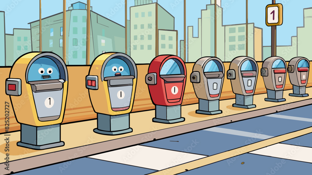 Poster A row of parking meters along a busy street each displaying a different amount of time remaining.. Cartoon Vector.