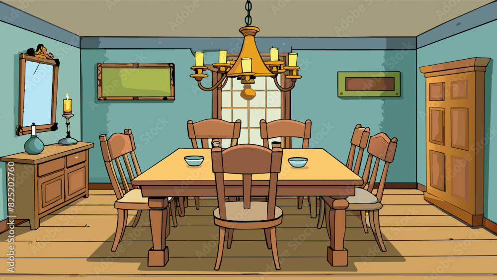 Poster a rustic dining room with a sy wooden table mismatched chairs and a vintage chandelier adding warmth