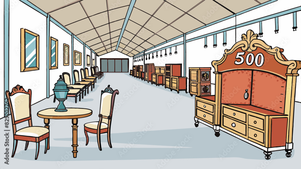Poster a row of antique furniture lined up in a spacious warehouse with 50% off signs hanging above each pi
