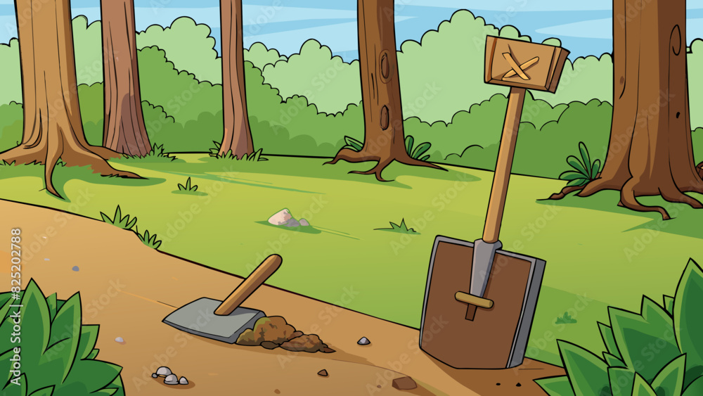 Aufkleber a rusted shovel leaning against a tree trunk in a forest clearing. the shovel has a wooden handle wi