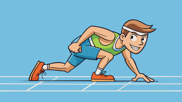A runner at the starting line crouched and ready to sprint. The sound of the starters gun echoes and they take off at a speedy rate their feet. Cartoon Vector.