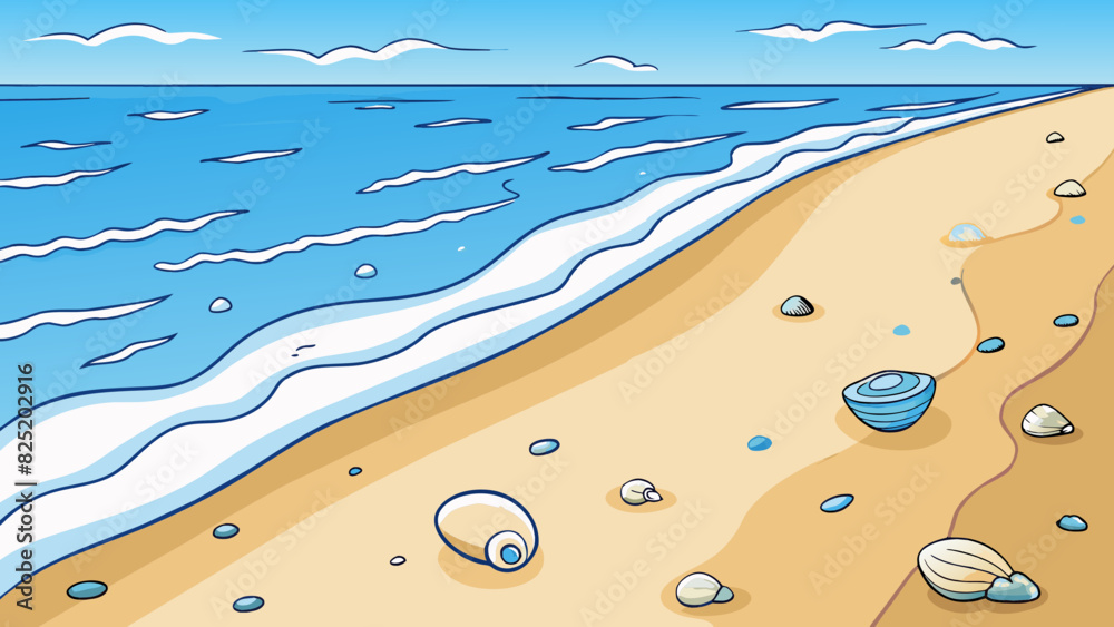 Poster A sandy beach stretching for miles along the coast. The gentle waves roll in leaving behind smooth seashells and intricate patterns in the sand.. Cartoon Vector.