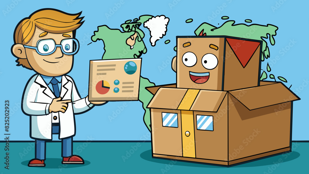 Poster A scientist receives a mysterious package in the mail. The package is made of heavy cardboard sealed with tape and has a shipping label from a faraway. Cartoon Vector.