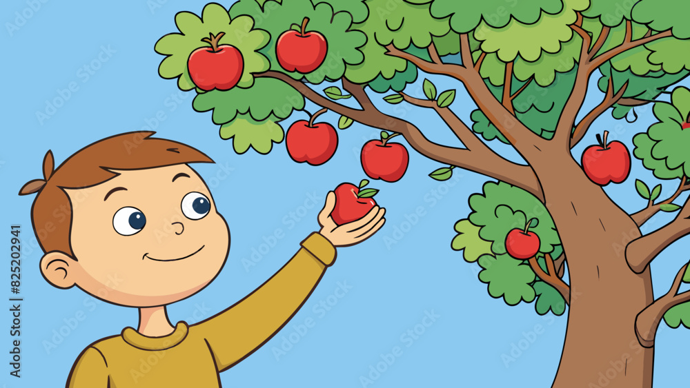 Sticker A second illustration features a childs arm reaching up to pluck a bright red apple from a tree. The arm is thin and unblemished with tiny dimples. Cartoon Vector.