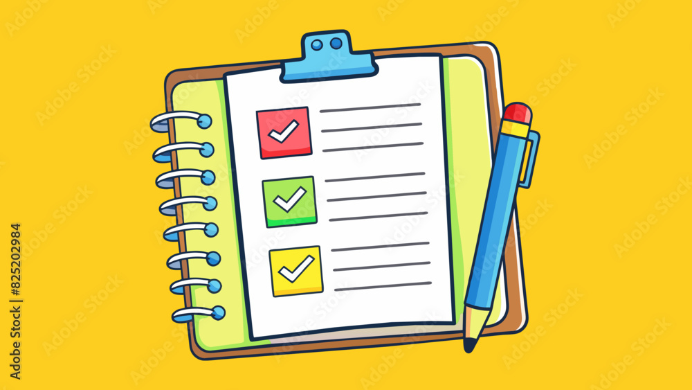 Poster A selfhelp book about organization and productivity. The cover features a bright yellow notebook with neatly written todo lists and a set of colorful. Cartoon Vector.