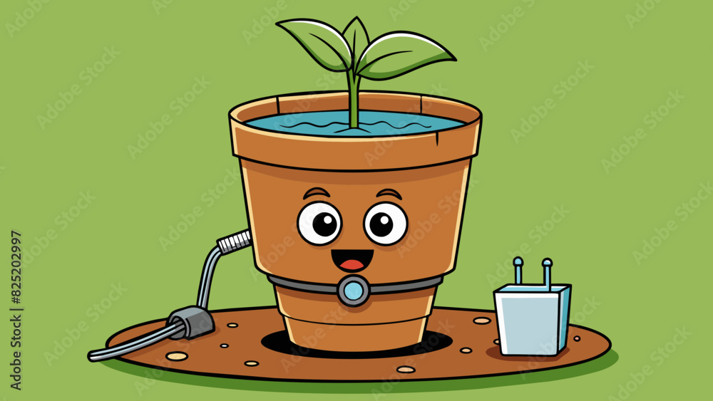 Aufkleber A selfwatering plant pot with a small reservoir and a sensor that releases water when the soil is dry.. Cartoon Vector.
