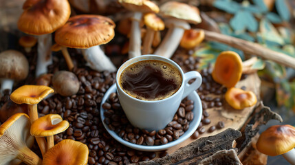 Uma xícara de café com cogumelos em cima da mesa, cercada por cogumelos e grãos de café