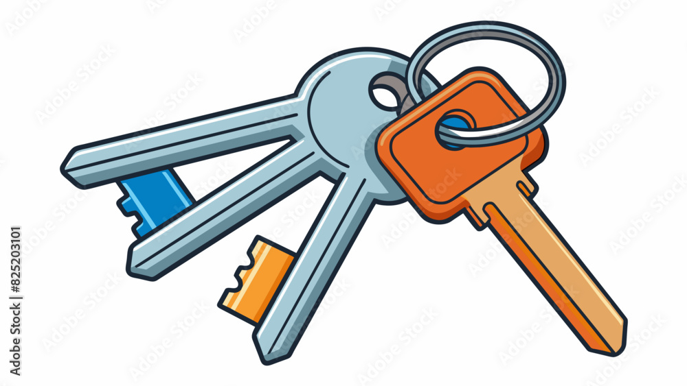 Poster A set of keys on a keychain with each key having a unique shape and function. Together they create a functional tool for unlocking doors or starting a. Cartoon Vector.