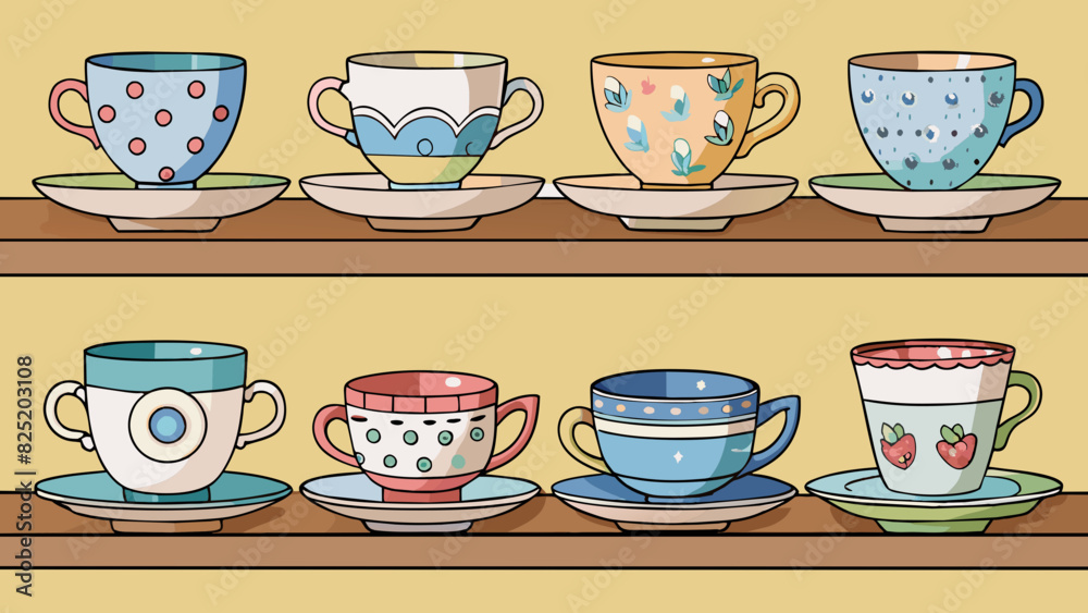 Poster A set of mismatched vintage tea cups and saucers displayed on a shelf labeled with discounted prices. The objects showcase unique patterns and. Cartoon Vector.