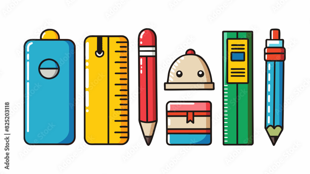 Poster a set of stationery supplies this set includes a pen pencil ruler and eraser. they are all made of s