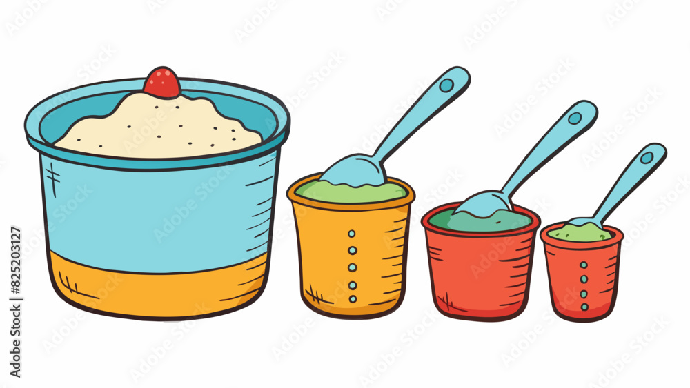 Poster A set of standard measuring cups with different sizes and clearly marked measurements is an essential basis for accurately measuring ingredients in. Cartoon Vector.