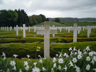 there are many crosses in a field of grass and flowers