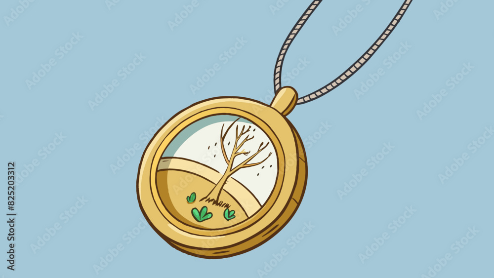 Poster a shiny gold locket on a delicate chain with a small etching of a tree inside. opening it reveals a 