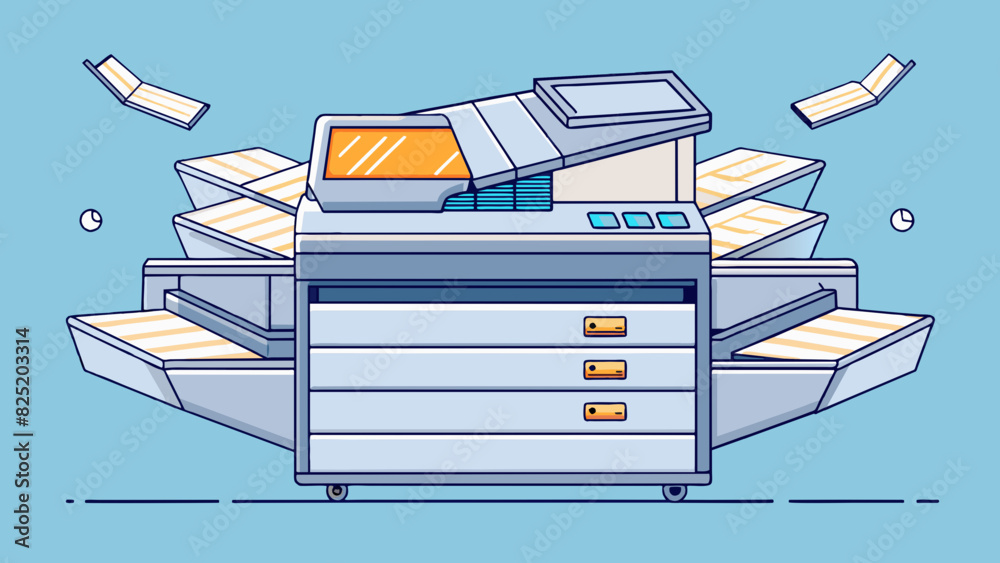 Aufkleber A shiny metallic contion with multiple compartments and moving parts. It sits on a desk and makes a humming noise as it quickly scans and prints out. Cartoon Vector.