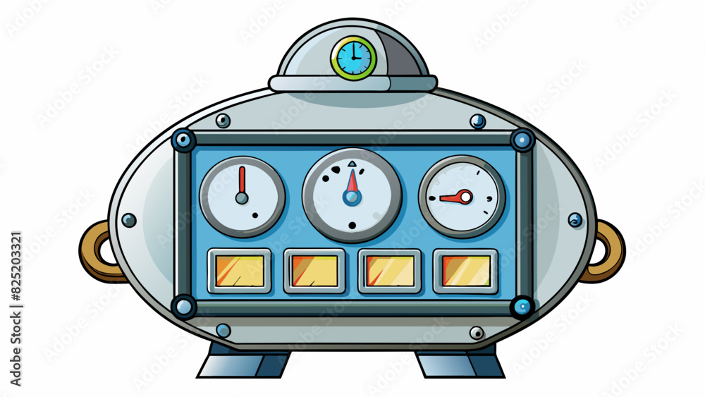 Poster A shiny metal object with numbered dials and a glass screen obviously a clock used to tell time.. Cartoon Vector.