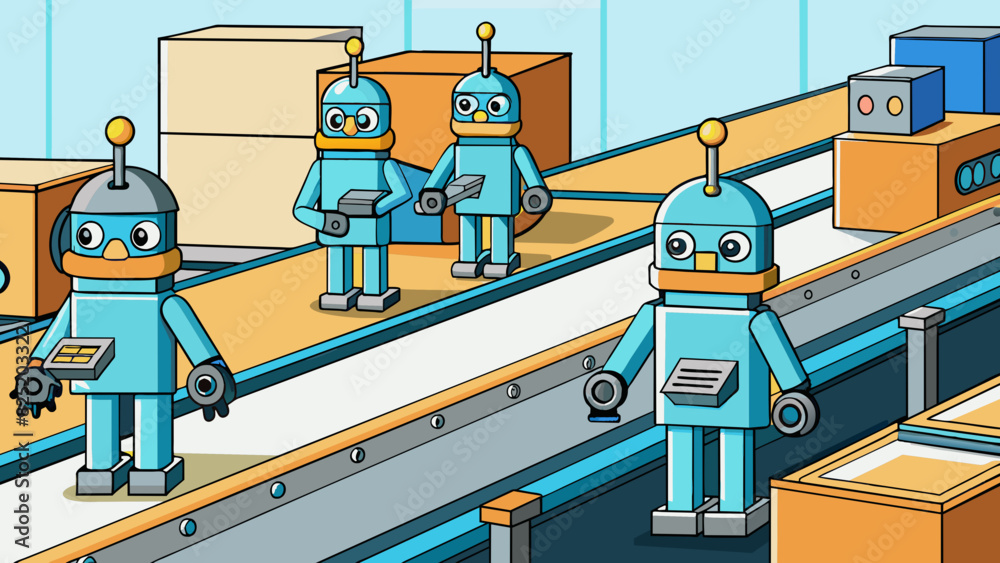 Aufkleber A shiny assembly line operates like a welloiled machine with robots and conveyor belts working in sync to produce goods at lightning speed. The. Cartoon Vector.