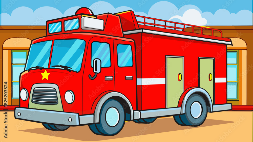 Poster a shiny red fire truck parked at the station fully fueled and ready to rush to the scene and save th