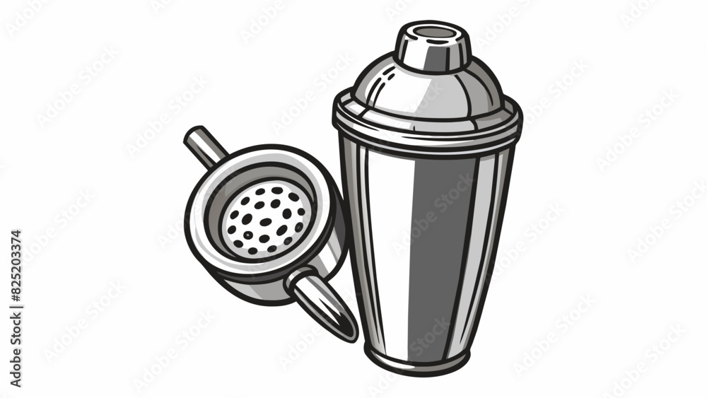 Poster A silver tail shaker with a spout and a strainer used for mixing drinks. The shaker is circular in shape and has a smooth polished surface. It also. Cartoon Vector.