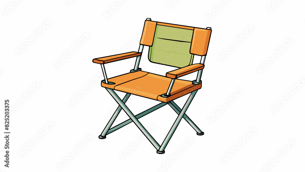 Poster A simple metal folding chair with a canvas seat and backrest. It is lightweight and easy to transport making it ideal for outdoor events or picnics.. Cartoon Vector.