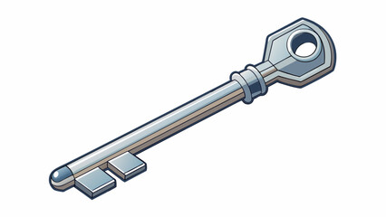 A silver key This object is a small metallic tool used for unlocking doors or containers. It has a long narrow stem with ridges on one side and a flat. Cartoon Vector.