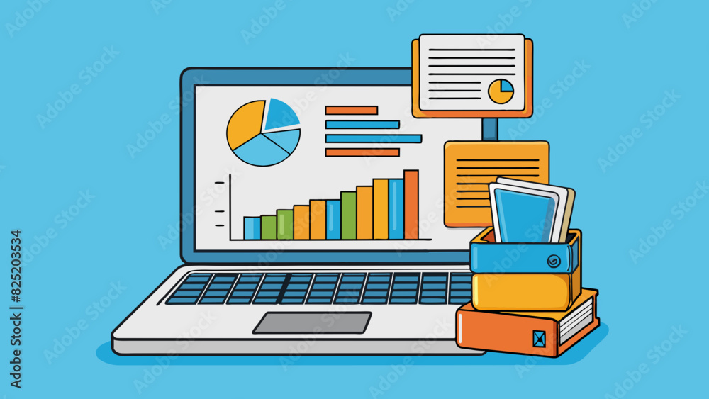 Poster a sleek laptop and a stack of financial reports portray a career in accounting. the laptop symbolize