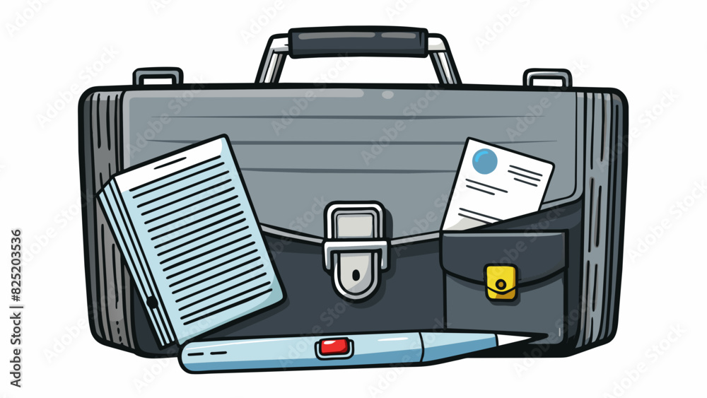 Poster a sleek black briefcase with a shiny silver latch packed with all the necessary documents and gadget