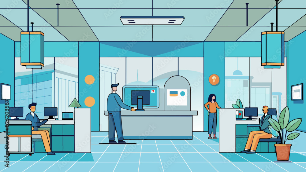 Poster a sleek and modern bank branch with a minimalist design. the walls are adorned with digital screens 