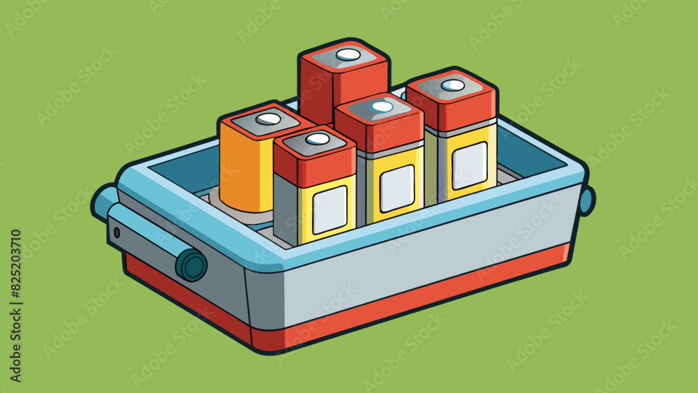 Poster A small box filled with cylindrical batteries typically used in electronic devices. The objects characteristic is that each battery is a unit of power. Cartoon Vector.
