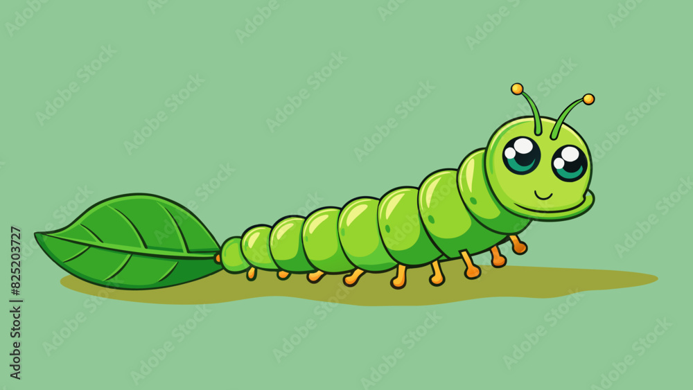 Poster a small green caterpillar inching its way across a leaf. its body is segmented and covered in tiny h