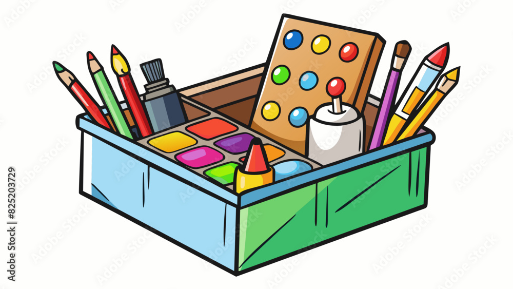 Poster A small box filled with colorful paints and different sized brushes for creating works of art.. Cartoon Vector.